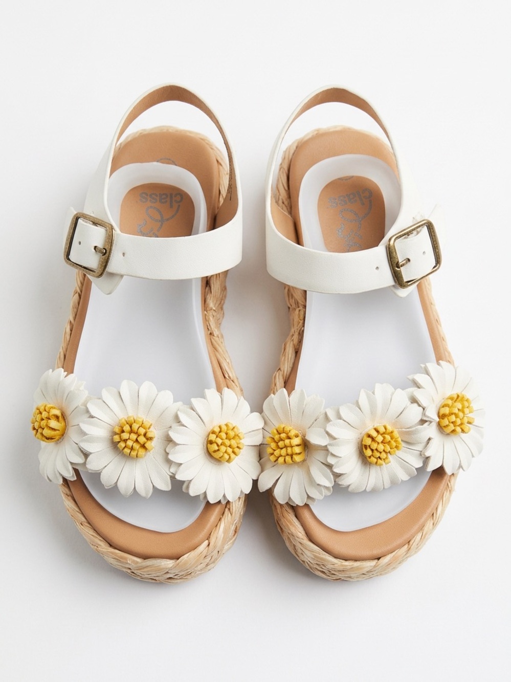 art class White Daisy Strap Sandals with Yellow Centers